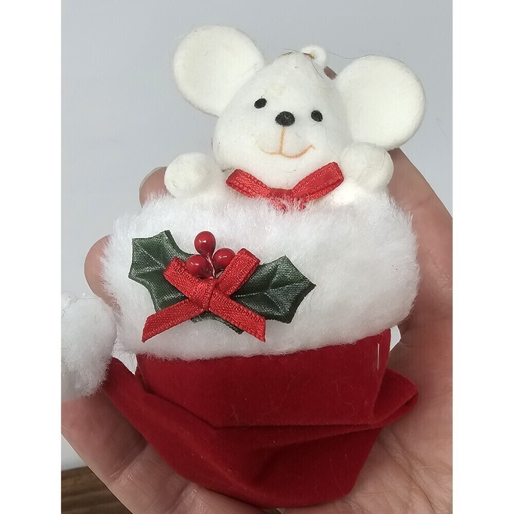 Lot of 2 Vintage Flocked Felt Mouse & Santa Christmas Tree Ornaments 4.5" - Picture 5 of 8
